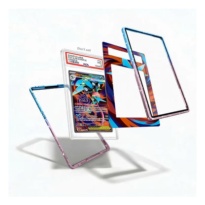 Three transparent protective phone cases with colorful gradient borders are displayed floating around a graded Pokémon TCG card on a clean white background.