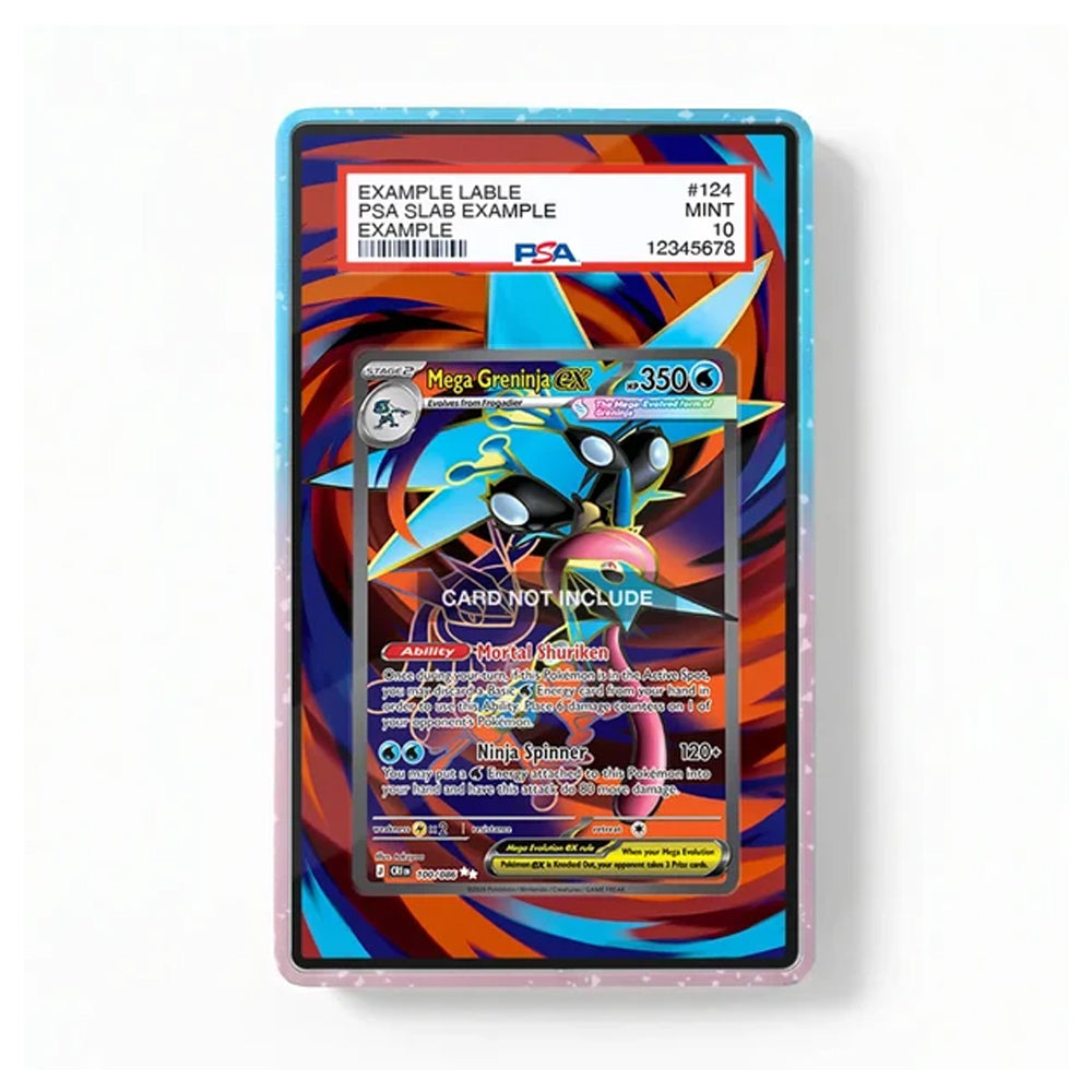 A collectible holographic PSA slab card featuring Magikarp, photographed against a clean white background. The slab has a light blue outer border and a pink inner border, with a printed PSA certification label at the top.