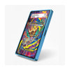 A blue protective phone case shown at an angle on a light gray background, featuring a colorful screen protector with a pinball machine graphic.