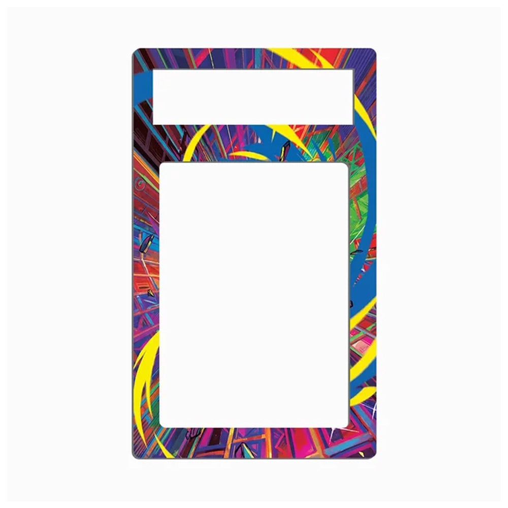 A rectangular plastic cover with rounded corners, featuring a colorful abstract graffiti-style pattern with yellow, blue, red, purple, and green brushstrokes. The top section has a horizontal slot cutout, and the lower section has a larger vertical slot cutout, leaving the center blank.