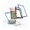 A clear acrylic display card holder with a translucent blue border, shown holding a graded Pokémon TCG card and accompanied by two additional empty card frames with matching blue borders and a colorful patterned inner insert, on a white background.