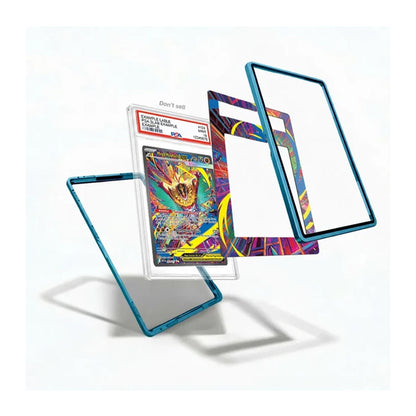 A clear acrylic display card holder with a translucent blue border, shown holding a graded Pokémon TCG card and accompanied by two additional empty card frames with matching blue borders and a colorful patterned inner insert, on a white background.