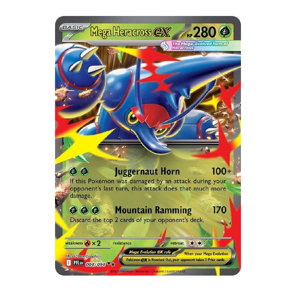 A single Pokémon trading card for Mega Heracross EX, shown flat against a plain white background. The card features artwork of Mega Heracross in blue and red with yellow accents, and visible text including 'BASIC', 'Mega Heracross EX', '280', 'Juggernaut Horn', and 'Mountain Ramming'.