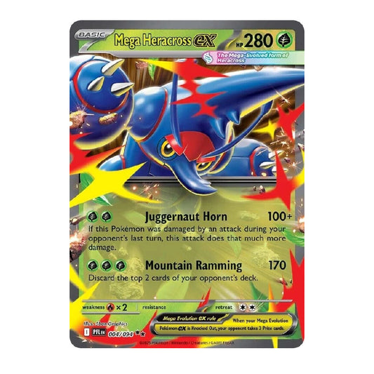 A single Pokémon trading card for Mega Heracross EX, shown flat against a plain white background. The card features artwork of Mega Heracross in blue and red with yellow accents, and visible text including 'BASIC', 'Mega Heracross EX', '280', 'Juggernaut Horn', and 'Mountain Ramming'.