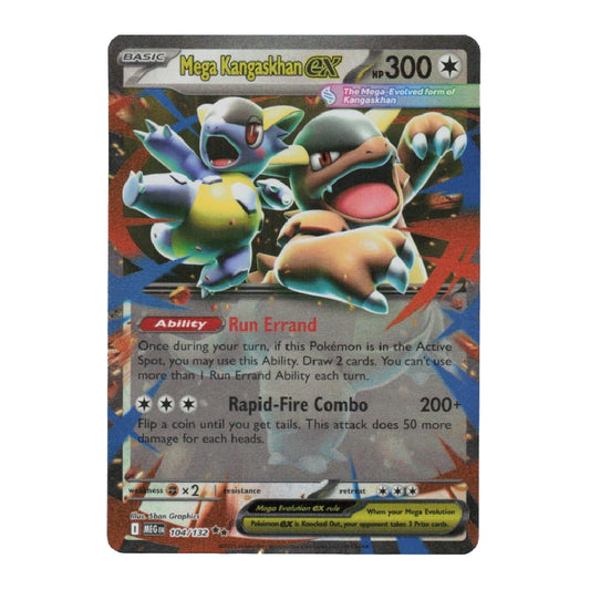 A single Pokémon trading card featuring Mega Kangaskhan EX, shown against a plain white background. The card has a dark border and displays artwork of Mega Kangaskhan with blue, green, and brown tones, along with red and yellow text elements.