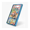 A blue protective phone case with a colorful, patterned mosaic design around the screen, shown holding a Pokémon trading card. The case has a black side button and is displayed at an angle on a clean white background.