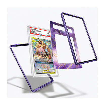 Three purple acrylic card protectors displayed on a white background, with one protector shown holding a graded Pokémon TCG card and the other two shown empty from different angles.