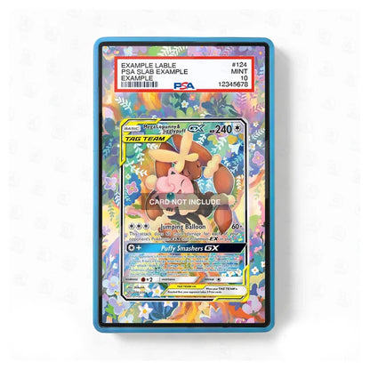 A PSA graded holographic trading card in a blue protective slab, featuring a cartoon character on a colorful, glittery background. The PSA label is visible at the top, and a 'CARD NOT INCLUDE' overlay is centered on the card.