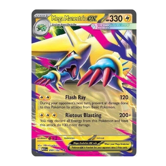 A single Pokémon trading card featuring Mega Manectic EX, with colorful artwork of the character in yellow, blue, and purple tones on a dark card border. The card includes attack text such as Flash Ray and Riotous Blasting, and a Pokémon logo at the bottom.