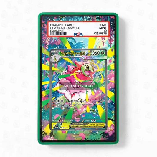 Pokémon trading card in a colorful protective case on a white background
