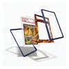 A clear acrylic card protector case with a dark blue frame, shown holding a graded Pokémon TCG card. The product is displayed in three floating angles against a clean white background, with one view showing a fire-themed card insert.