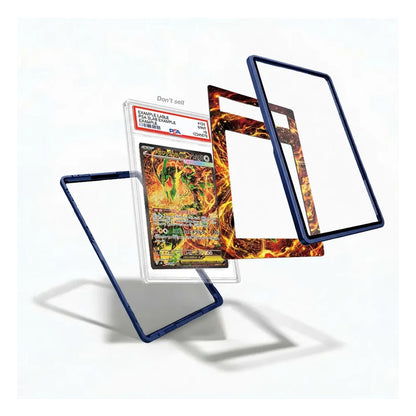 A clear acrylic card protector case with a dark blue frame, shown holding a graded Pokémon TCG card. The product is displayed in three floating angles against a clean white background, with one view showing a fire-themed card insert.