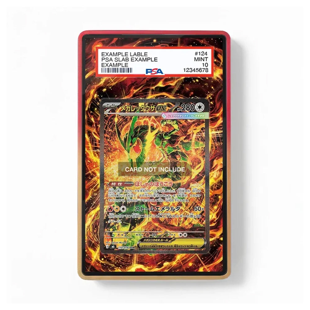 A PSA graded display slab containing a Pokémon trading card, shown against a plain white background. The slab has a red border and a printed label at the top indicating PSA details, with a sample card visible inside.
