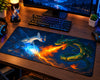 Mega Rayquaza facing Latios in an intense Pokemon battle, with Rayquaza breathing orange flames and Latios generating a glowing blue energy attack against a dark blue background.