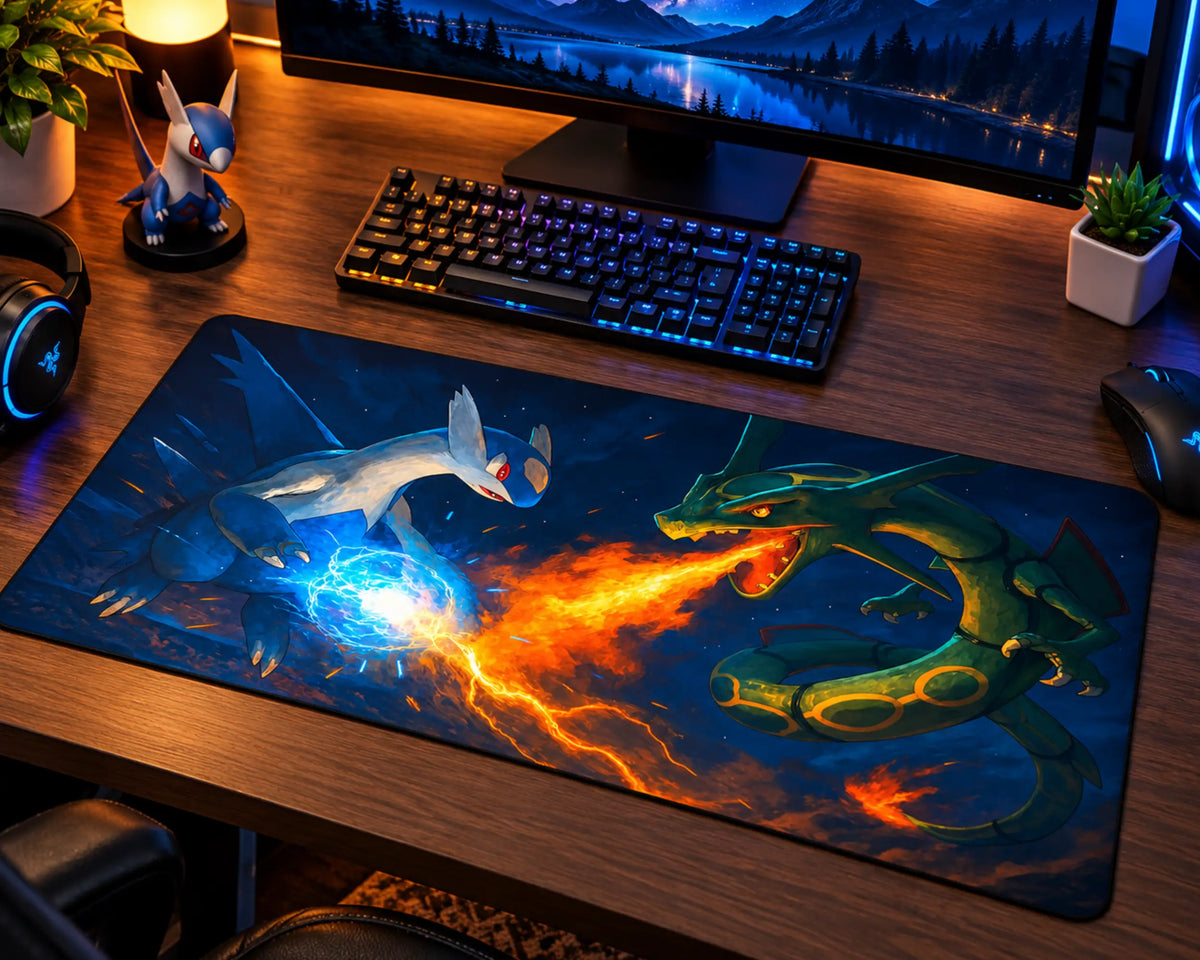 Mega Rayquaza facing Latios in an intense Pokemon battle, with Rayquaza breathing orange flames and Latios generating a glowing blue energy attack against a dark blue background.