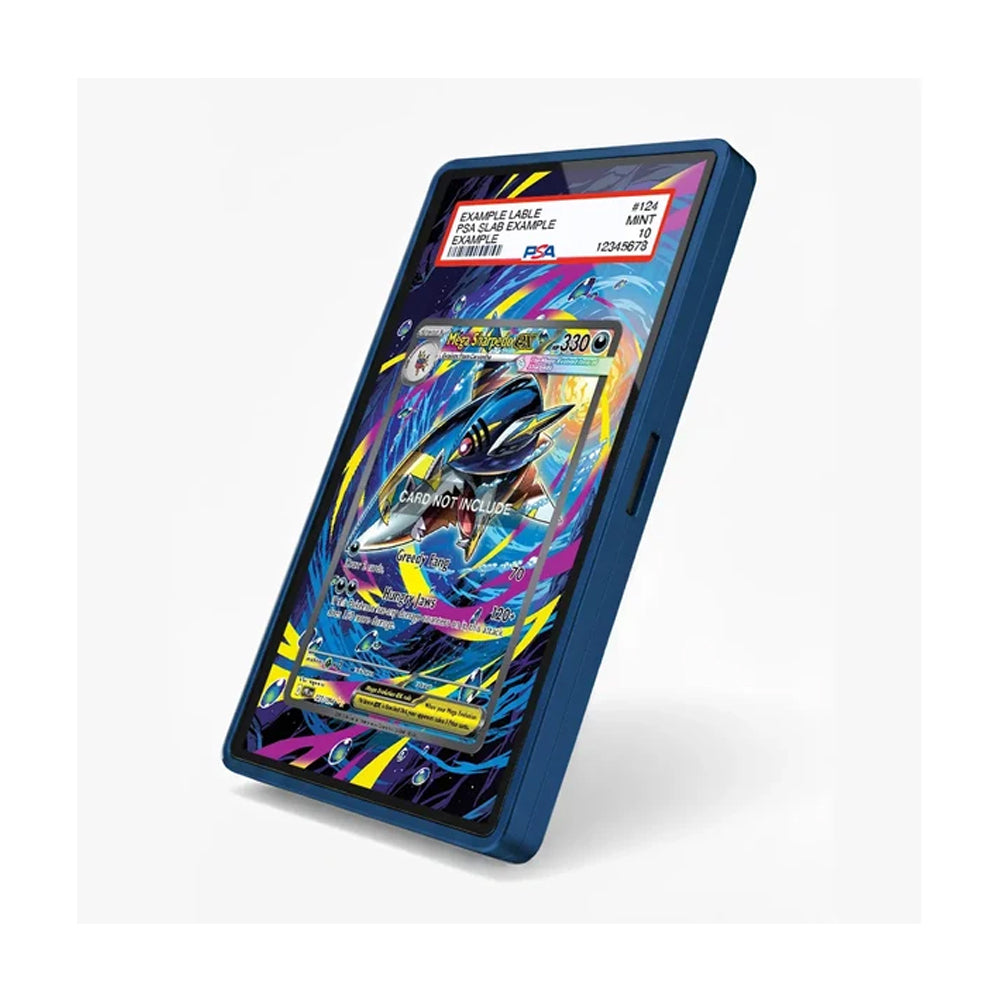 A dark blue protective phone case shown at an angle, featuring a colorful holographic Pokémon TCG card insert on the screen.