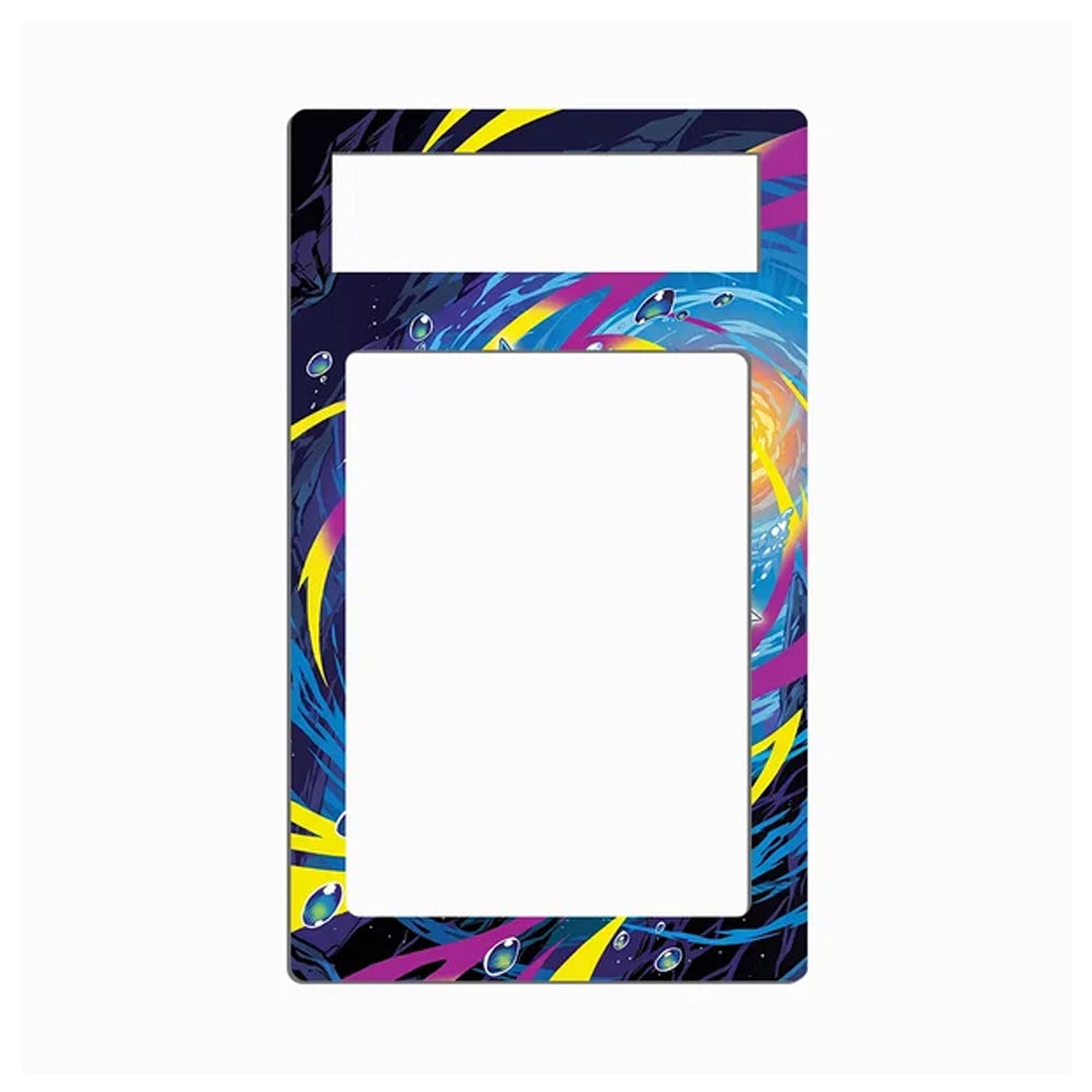 A rectangular plastic frame or insert with a colorful abstract swirl pattern in blue, purple, pink, yellow, and black, featuring two horizontal cutouts at the top, shown on a plain white background.
