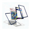 A set of custom protective card sleeves displayed on a clean white background. The set includes two dark blue frames, a clear sleeve containing a graded holographic Pokémon card, and a colorful patterned sleeve with blue, yellow, and purple graphics.