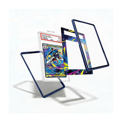 A set of custom protective card sleeves displayed on a clean white background. The set includes two dark blue frames, a clear sleeve containing a graded holographic Pokémon card, and a colorful patterned sleeve with blue, yellow, and purple graphics.