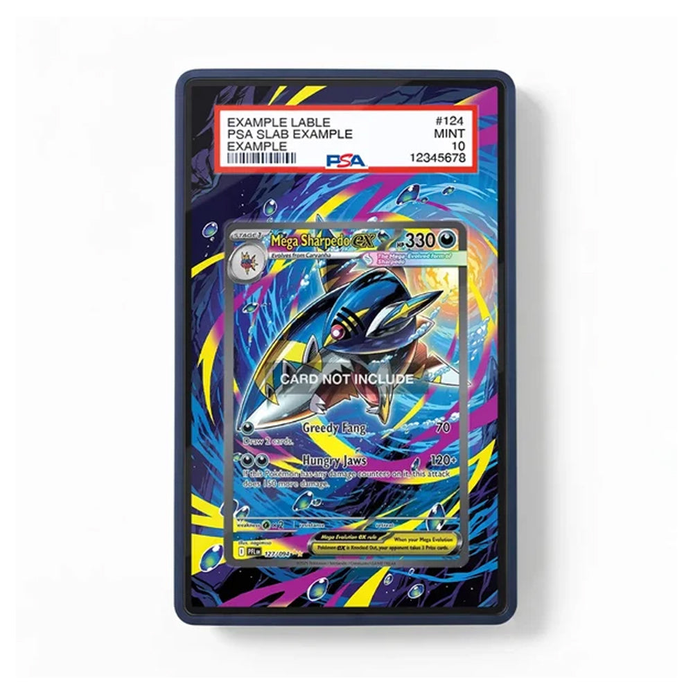 A PSA graded protective slab containing a holographic Pokémon TCG card, shown against a plain white background. The slab features a dark blue border and a white PSA grading label at the top.