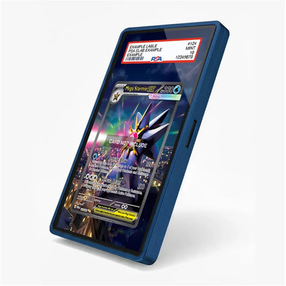 A blue protective phone case shown on a smartphone, with a PSA-graded sample card displayed on the screen against a clean white background.
