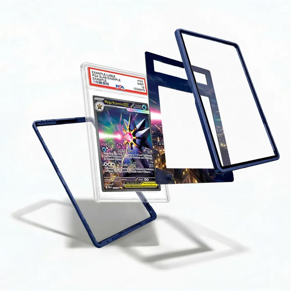 A clear protective card sleeve with a dark blue border, shown holding a graded Pokémon TCG card and displayed in multiple floating angles on a white background.