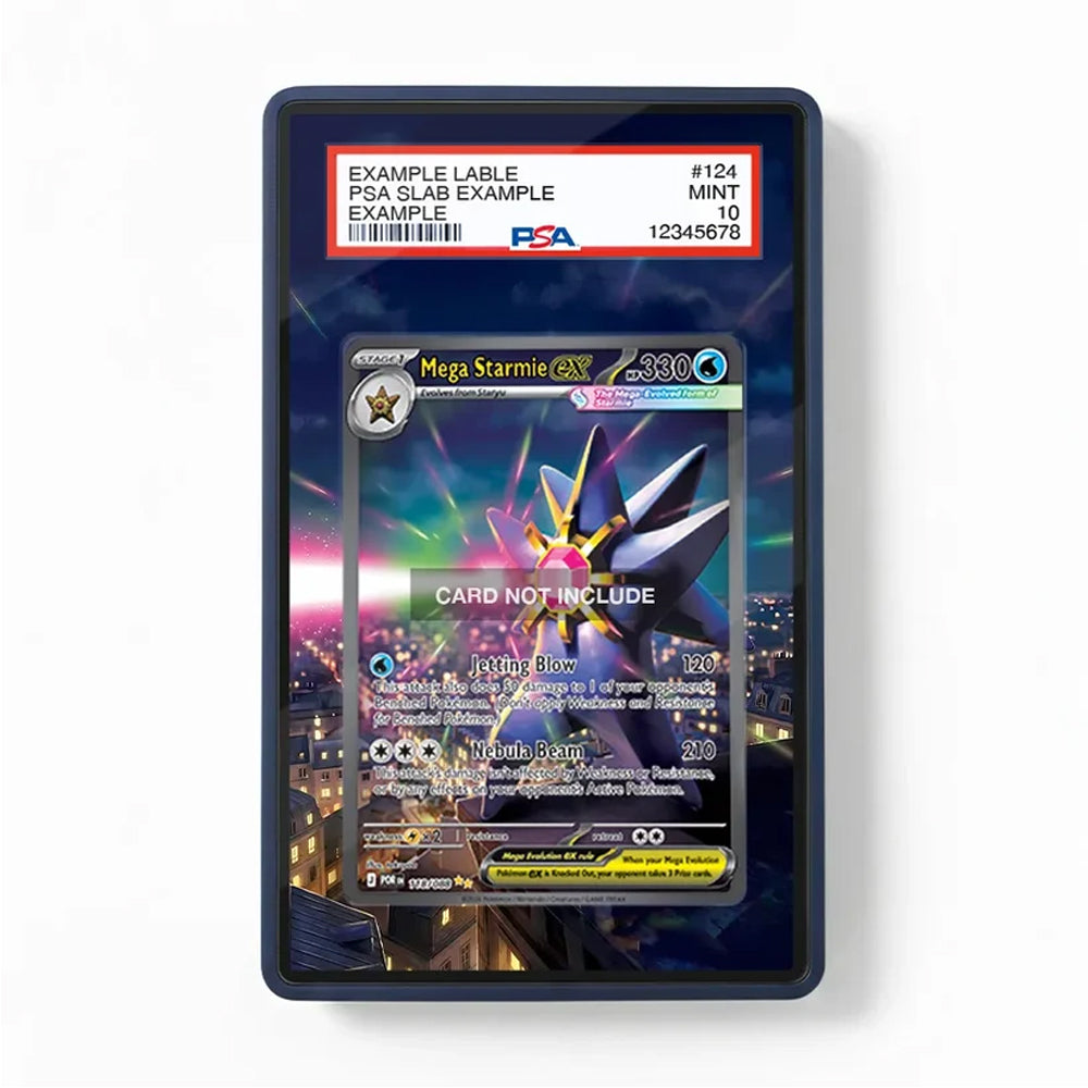 A PSA-graded sample collectible card slab showing a Mega Starmie Pokémon card inside a dark display case, with a PSA label at the top reading EXAMPLE LABEL / PSA SLAB EXAMPLE / MINT / 10.