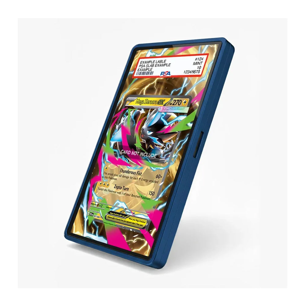 A blue protective smartphone case shown standing upright at an angle, displaying a colorful Pokémon trading card on its screen. The case has a slim profile and a side button cutout, photographed against a clean white background.
