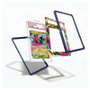 A set of custom protective frames for a graded Pokémon TCG card, shown floating around a graded PSA card of a Charizard. The frames include two dark blue frames and one colorful abstract patterned frame, all on a clean white background.