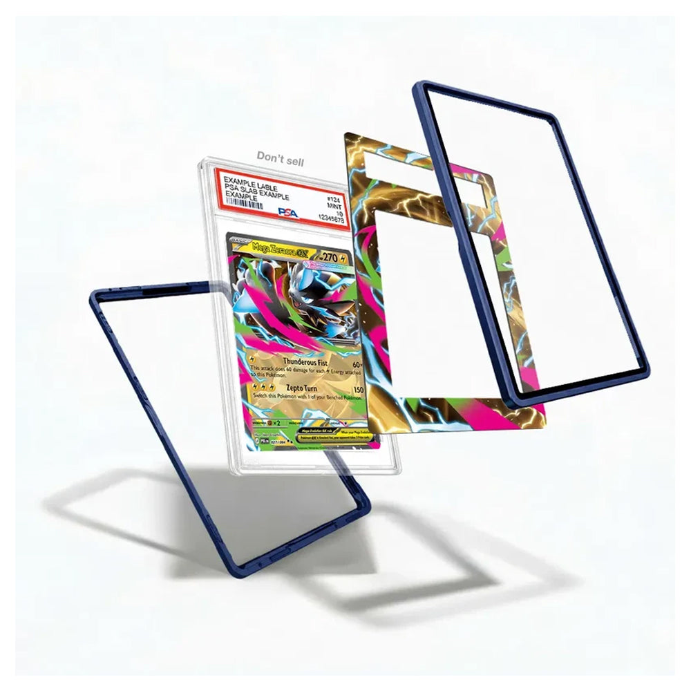 A set of custom protective frames for a graded Pokémon TCG card, shown floating around a graded PSA card of a Charizard. The frames include two dark blue frames and one colorful abstract patterned frame, all on a clean white background.