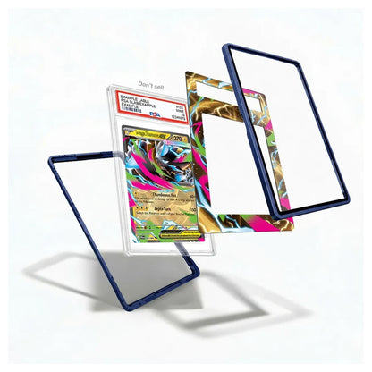 A set of custom protective frames for a graded Pokémon TCG card, shown floating around a graded PSA card of a Charizard. The frames include two dark blue frames and one colorful abstract patterned frame, all on a clean white background.