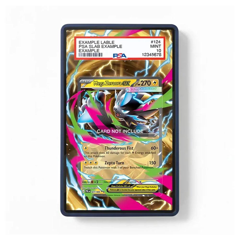 A collectible Pokémon trading card featuring a holographic gold and blue design with a blue creature illustration, shown against a plain white background. The card includes printed example text and a black border.
