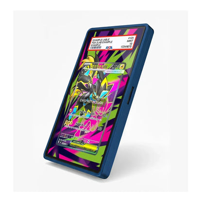 A blue protective phone case with a colorful, vibrant graphic print on the screen protector, shown on a white background.