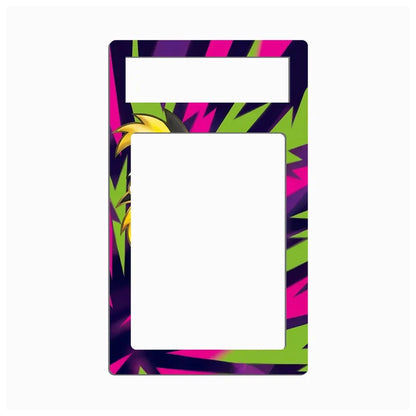 A rectangular picture frame with a colorful tropical leaf pattern in pink, green, purple, and yellow, shown on a plain white background.