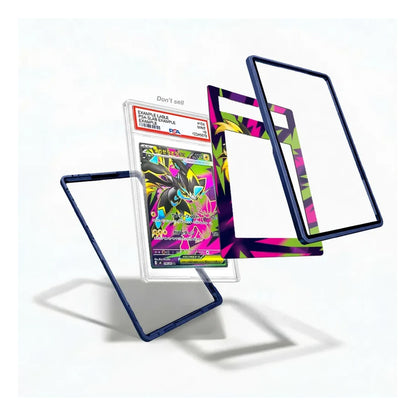 A set of custom protective phone cases with a dark blue translucent outer frame and a vibrant neon pink, green, and purple patterned inner insert, shown floating against a clean white background.