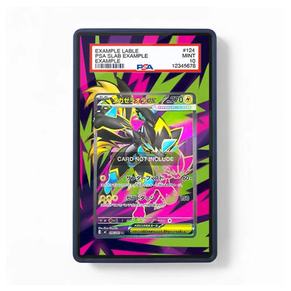 A PSA graded sample trading card slab on a white background. The slab contains a holographic sample card featuring a black and yellow creature illustration over a bright pink, green, and purple abstract background.