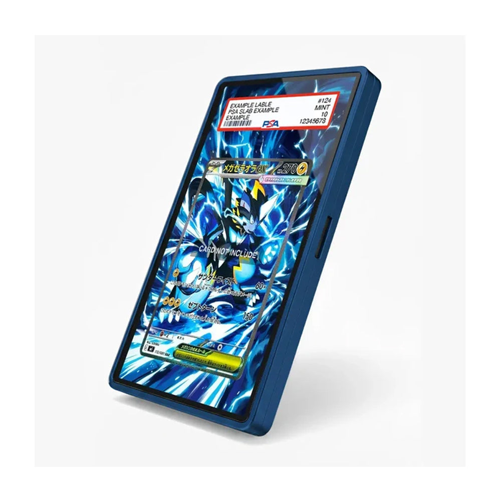 A blue plastic card reader or slot device shown at an angle on a light gray background, with a colorful card inserted into its slot. The card features blue and black graphics with a red and white header label.