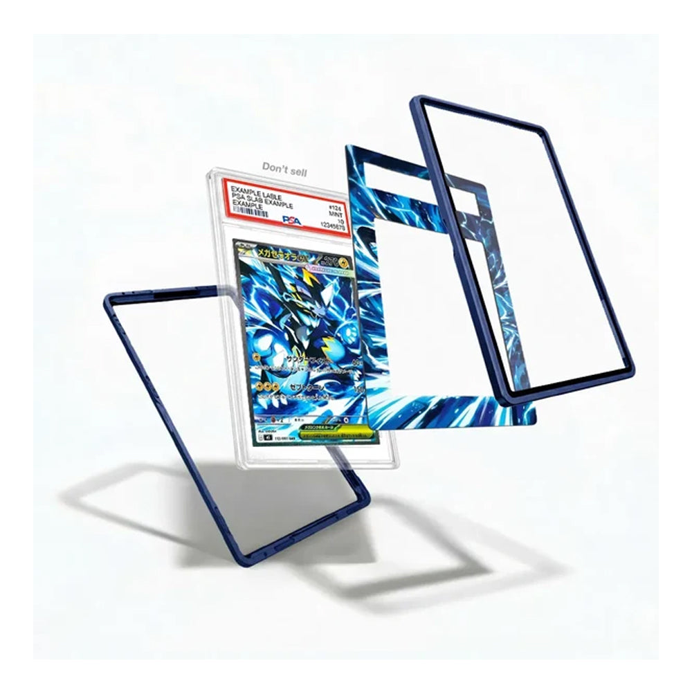 Three clear acrylic card protectors with dark blue borders are shown floating against a white background, with one protector displaying a graded Yu-Gi-Oh! trading card insert.