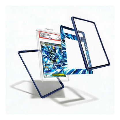 Three clear acrylic card protectors with dark blue borders are shown floating against a white background, with one protector displaying a graded Yu-Gi-Oh! trading card insert.