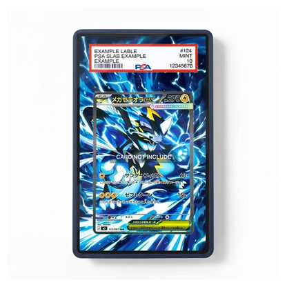 A PSA graded collectible card slab showing a Pokémon TCG card with a blue and black protective case, photographed on a plain white background. The slab includes a red PSA grading label at the top and a printed card insert in the center with a large 'CARD NOT INCLUDE' watermark.