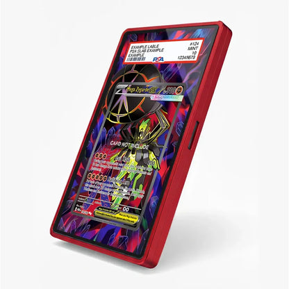 A red smartphone case shown at an angle on a light gray background, featuring a colorful holographic graphic design with a spider character and sample barcode/text elements.