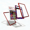 A clear acrylic display card case with black bezel frames, shown with a graded holographic card inside and three floating transparent panel pieces on a white background.