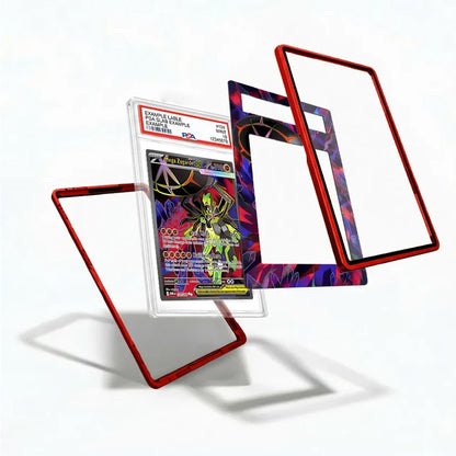 A clear acrylic display card case with black bezel frames, shown with a graded holographic card inside and three floating transparent panel pieces on a white background.