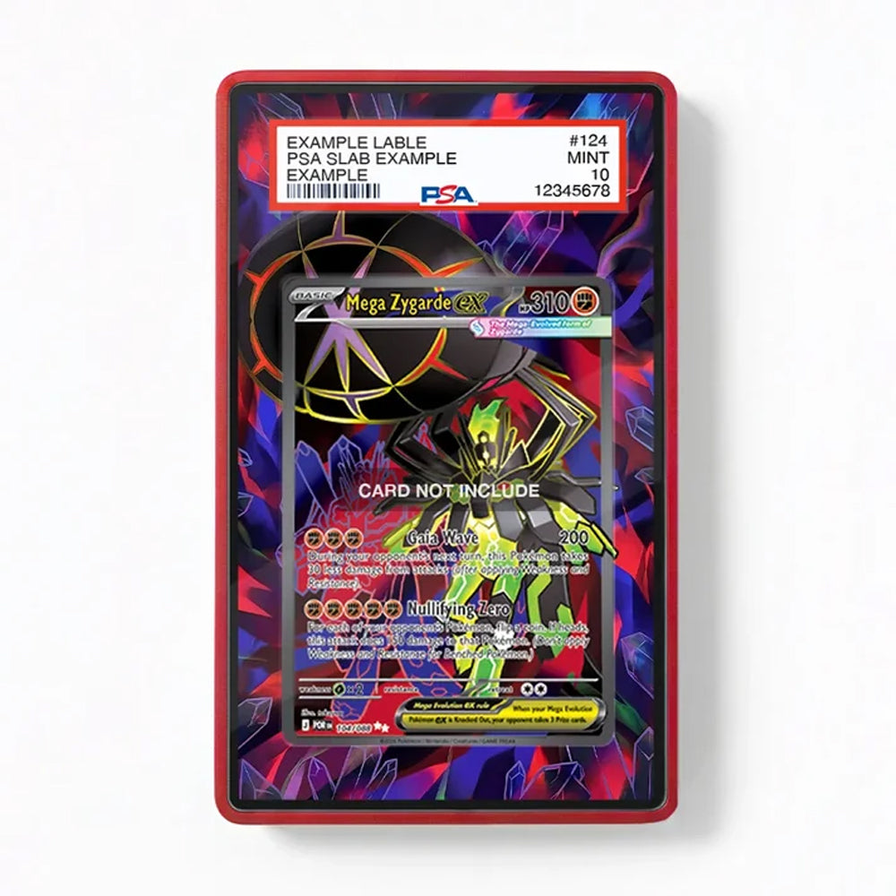 Pokémon trading card in a protective case with colorful design