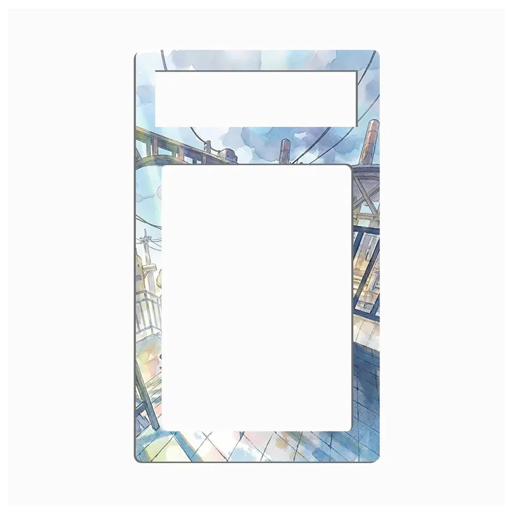 A rectangular light switch plate cover featuring a watercolor-style illustration of an industrial scene with blue sky, beams, and windows. The top section has a blank white slot for a label, and the center is a large blank white area.