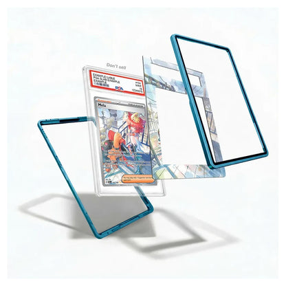 A set of transparent tempered glass screen protectors with a metallic teal-blue edge, shown floating in an exploded view around a graded trading card on a clean white background.