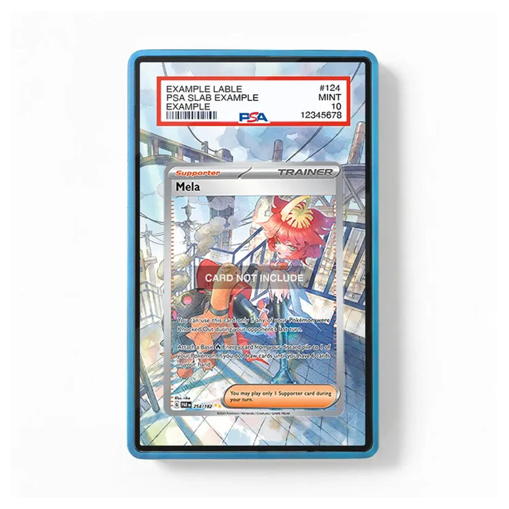 A PSA graded slab containing a Mela Trainer card from Pokémon, with a blue protective case and a red PSA label at the top, shown on a plain white background.