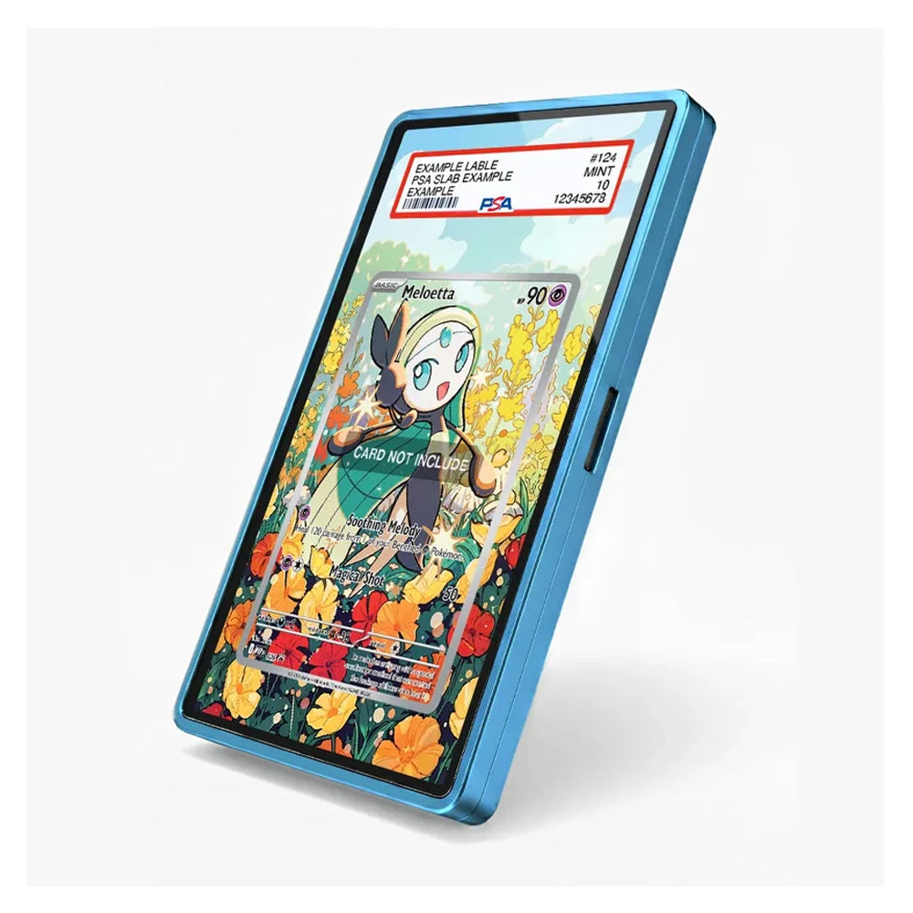 A blue protective case holding a collectible card, shown at an angle on a light gray background. The card features a colorful illustration of a character in a field of yellow flowers, with a PSA grading label visible at the top.