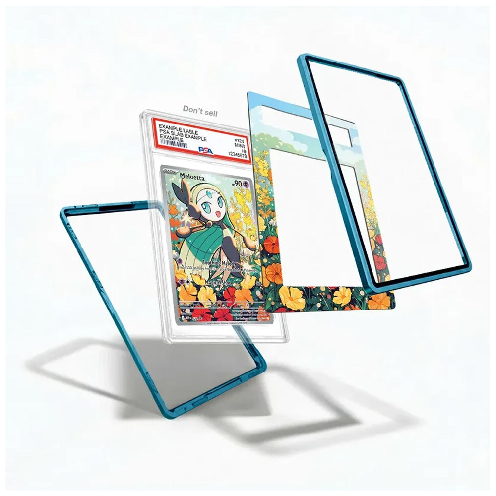A rectangular picture frame with a scenic forest border featuring green trees, blue sky, and white clouds, with two blank white photo slots.