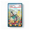 A PSA graded sample lable card in a blue slab, featuring a Meloetta card inside with a colorful floral background and a white PSA label at the top.
